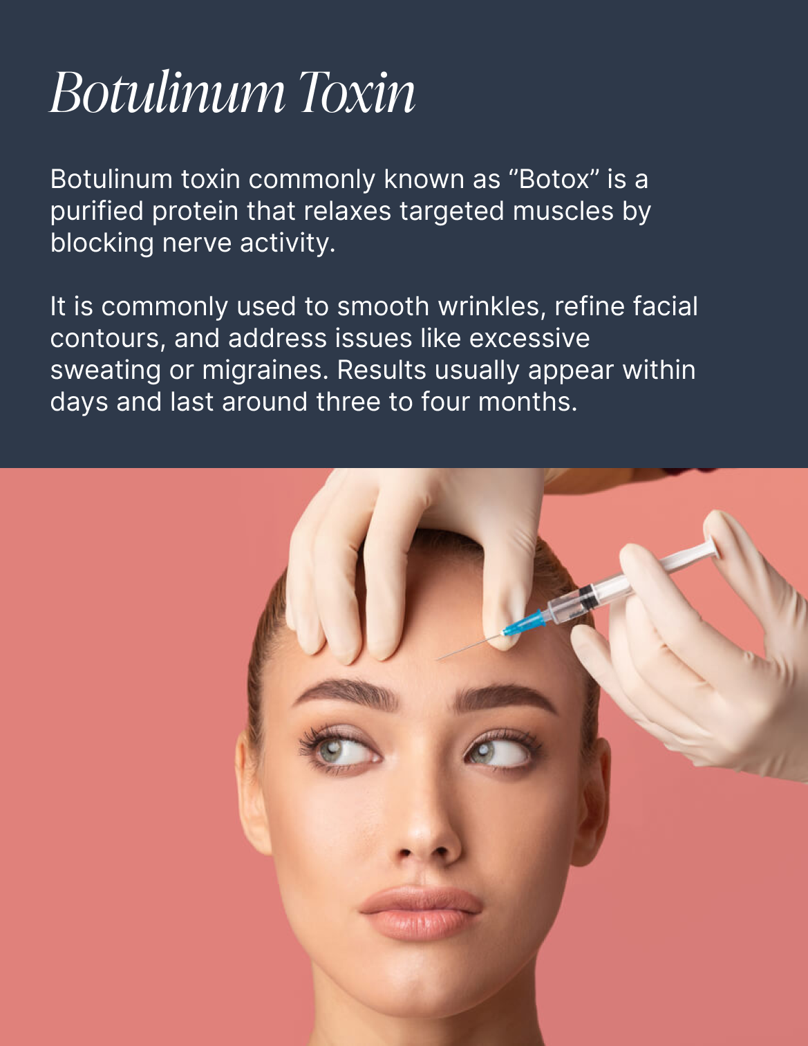 Woman receiving Botox injection, showing a close-up of her face and a healthcare professional's gloved hands with a syringe near her forehead.