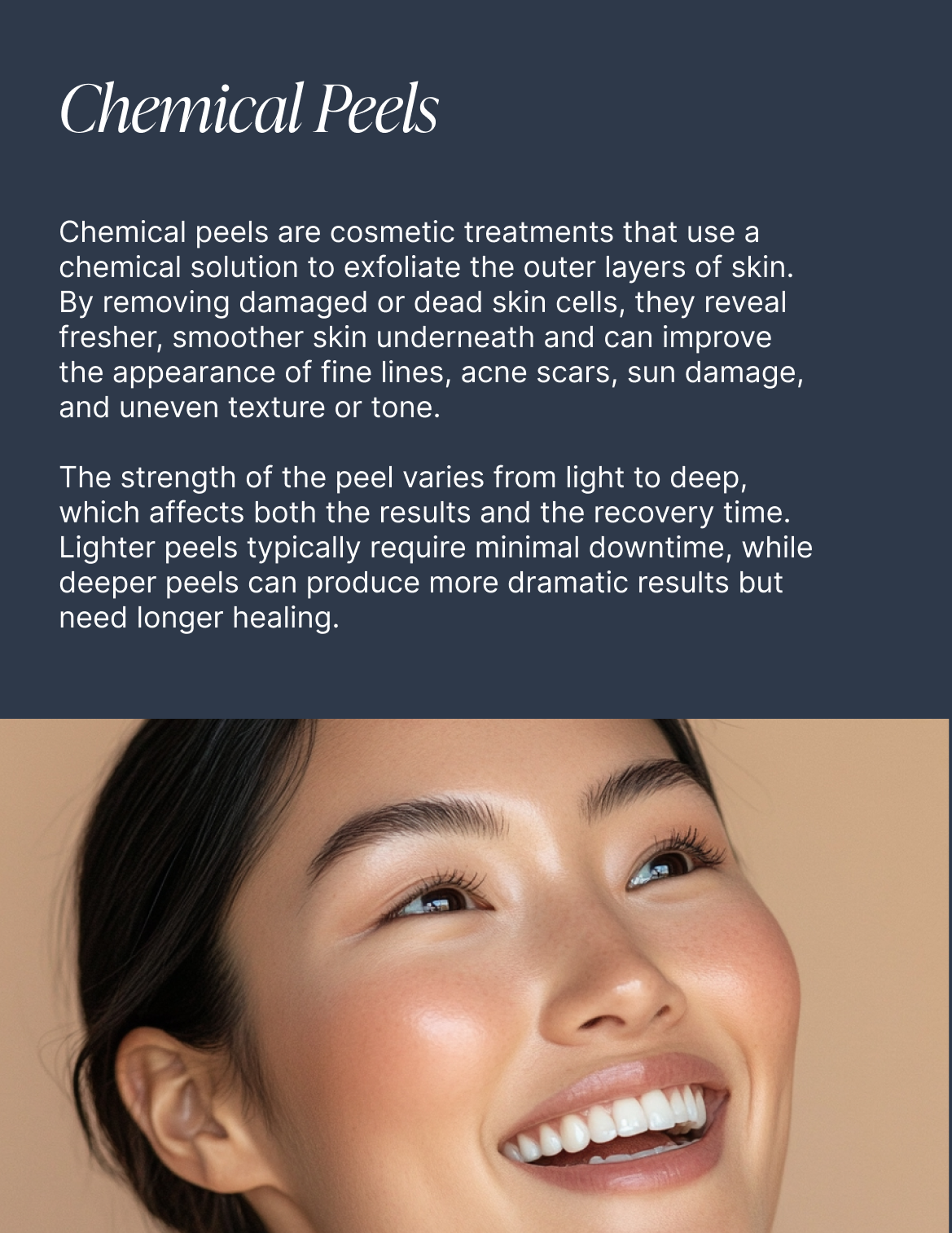 Text about chemical peels with a smiling woman in the background.