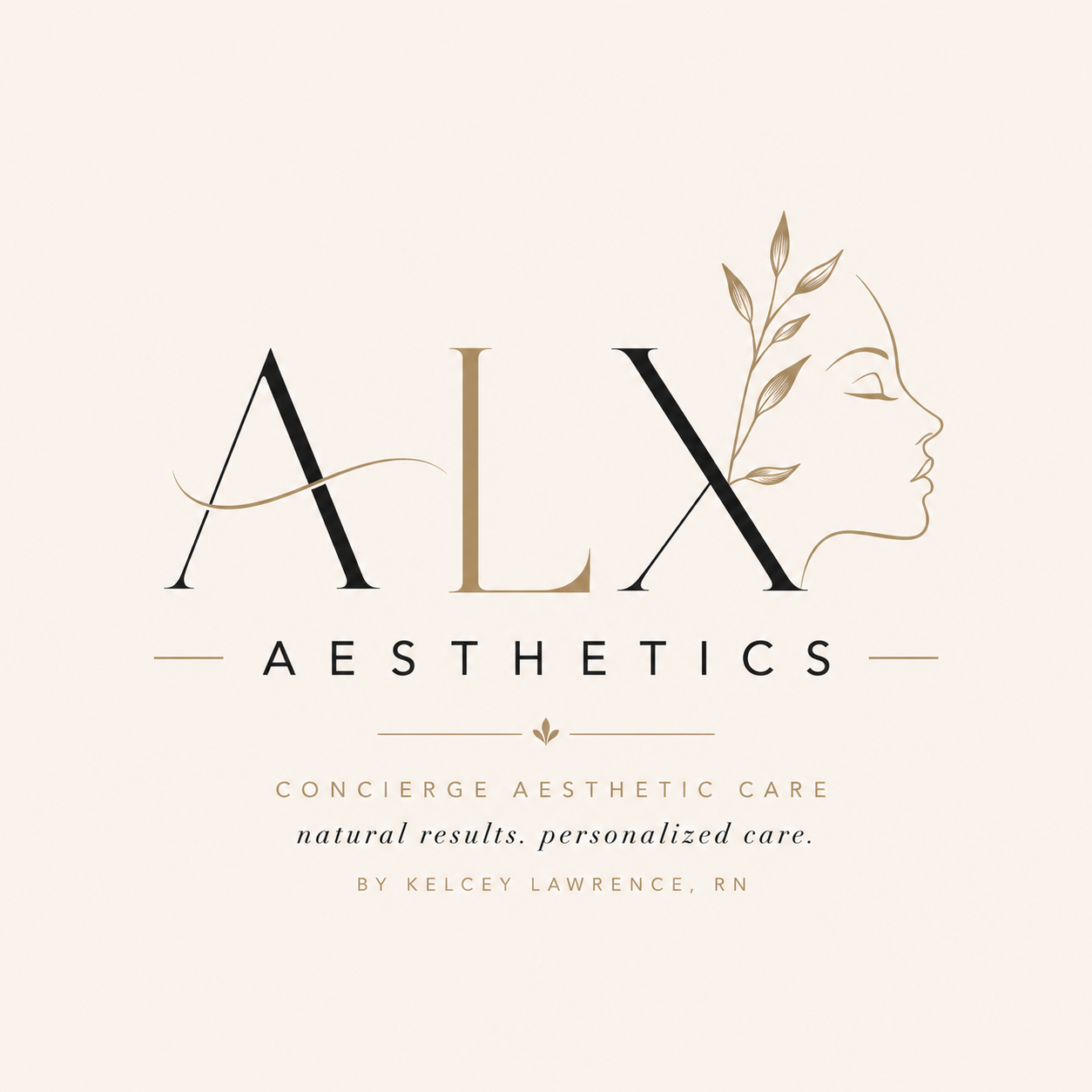 Logo for AleX Aesthetics featuring a stylized woman's face profile with leaf details, and the text 'AleX Aesthetics' with a tagline about personalized aesthetic care.