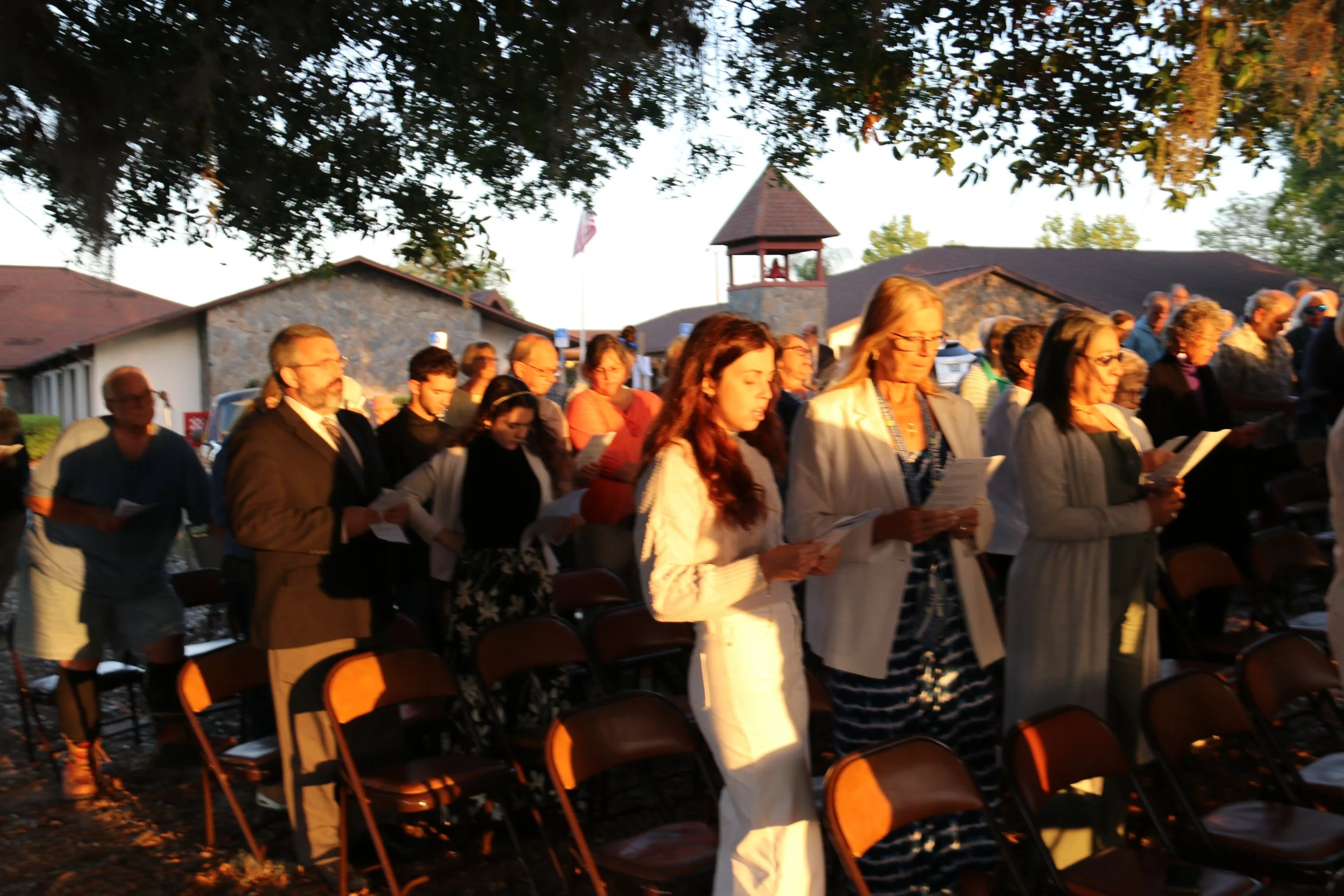 People attending an outdoor event, some holding papers, gathered under trees during sunset
