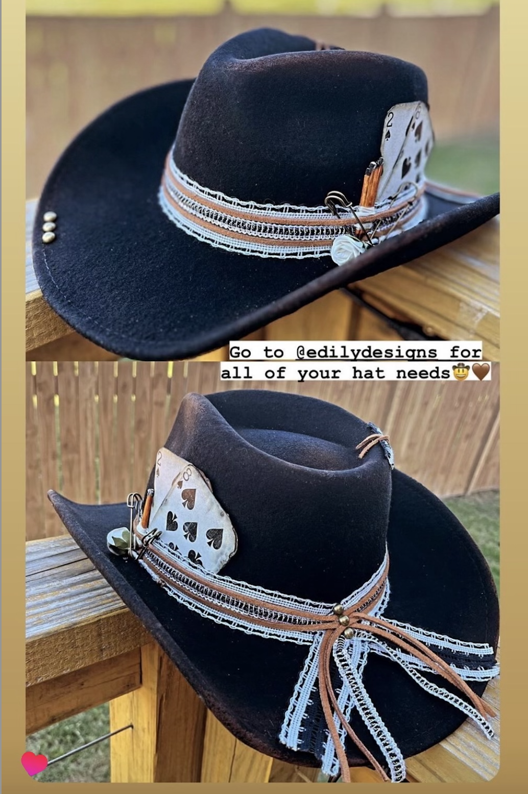 Two black cowboy hats decorated with a playing card, zippers, and ribbon accents, placed on wooden surfaces outdoors.