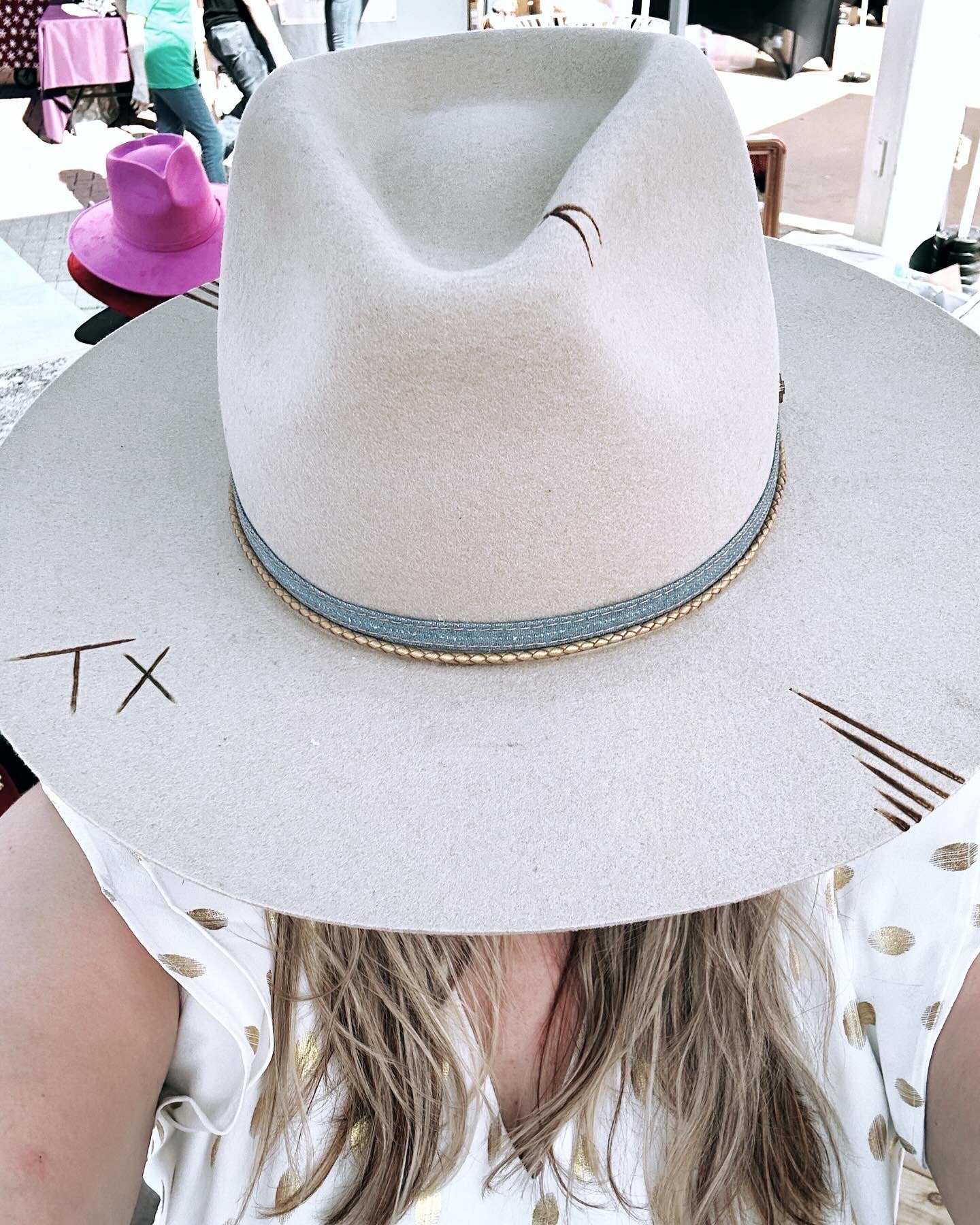 A woman is wearing a wide-brimmed beige hat with a silver band, partially covering her face. She has long, blonde, wavy hair and is dressed in a white top with gold polka dots. The background shows a busy outdoor setting with people and tables.