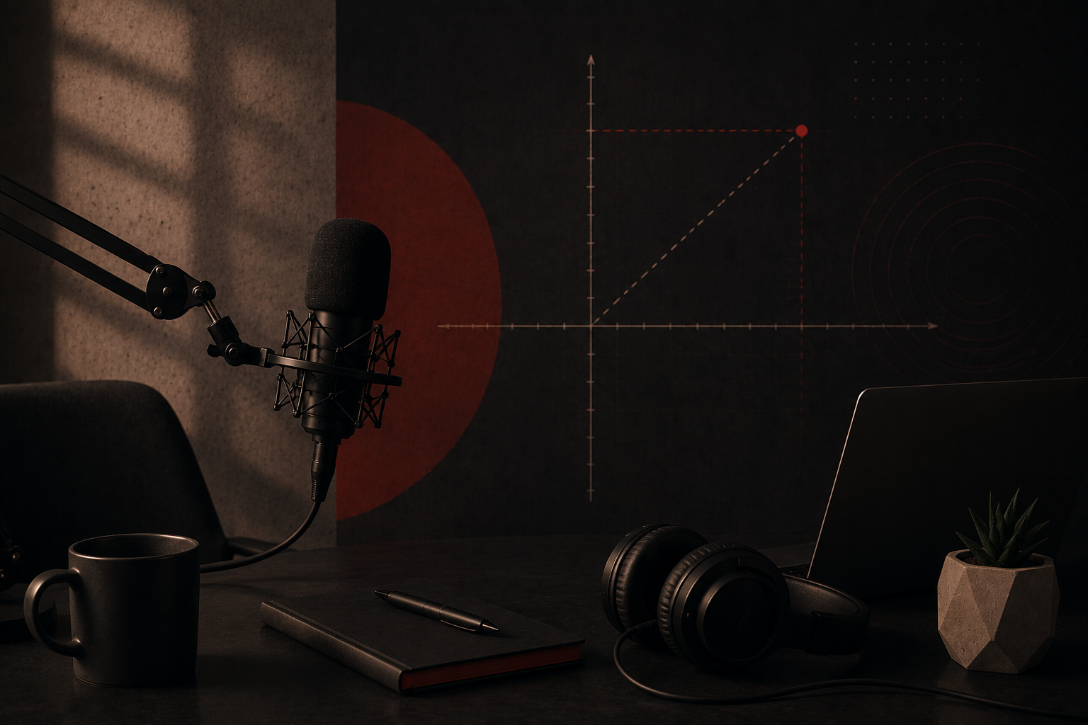 Podcast recording setup with a microphone, headphones, laptop, notebook, pen, coffee mug, and a small potted plant on a desk, with a geometric wall design in the background.