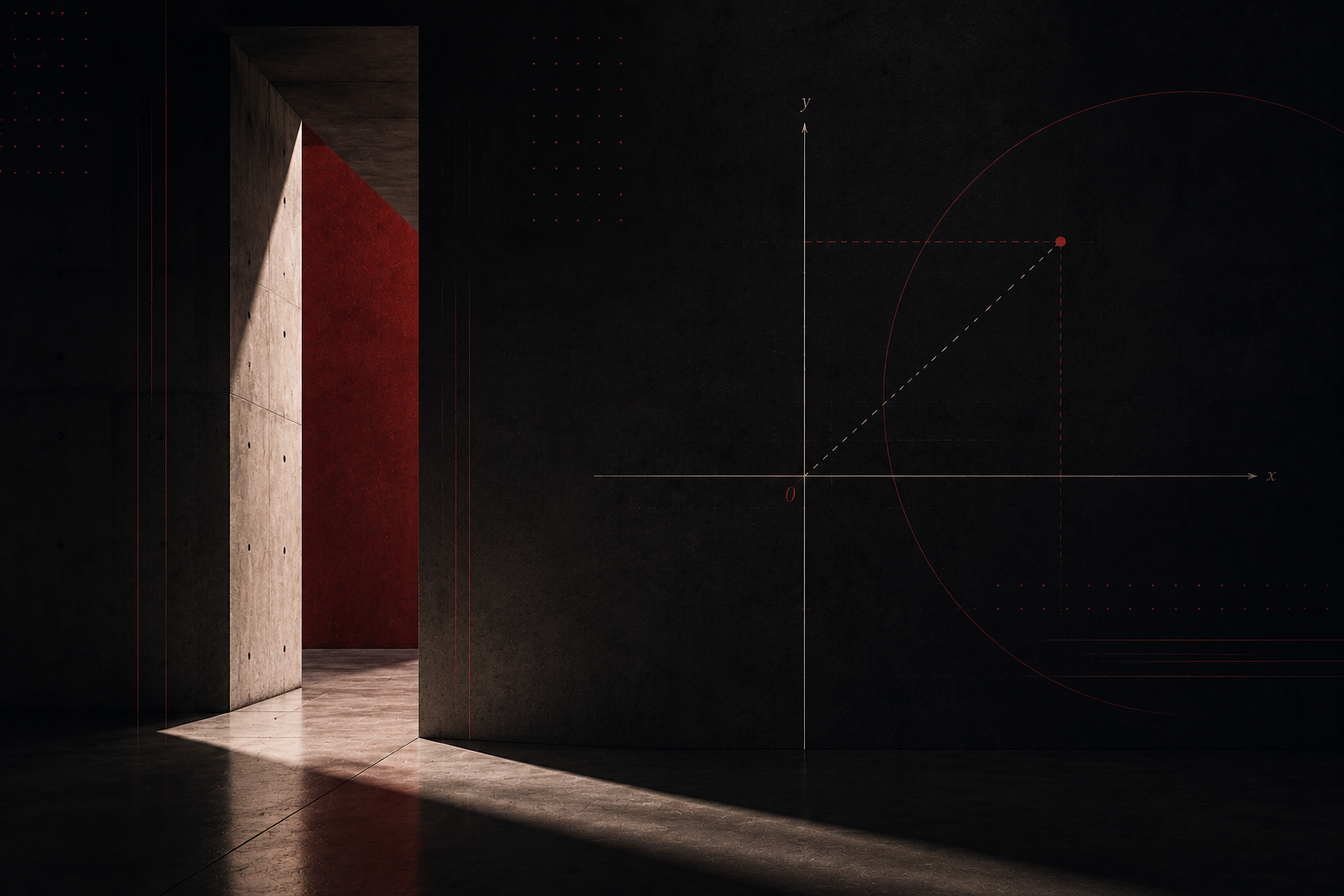 A dark interior space with concrete walls and floor, illuminated by sunlight casting shadows. There is a red wall in the background, and a large black wall on the right with a faint mathematical graph and geometric lines drawn on it.