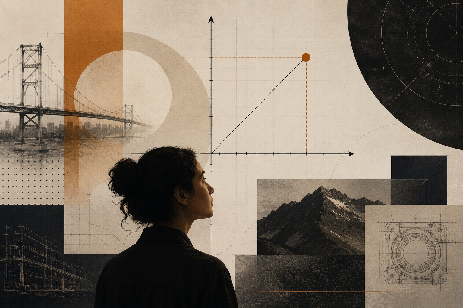 Profile of a woman facing left with a background of abstract geometric designs, technical drawings, a mountain photo, a bridge, and a circular planetary graphic.