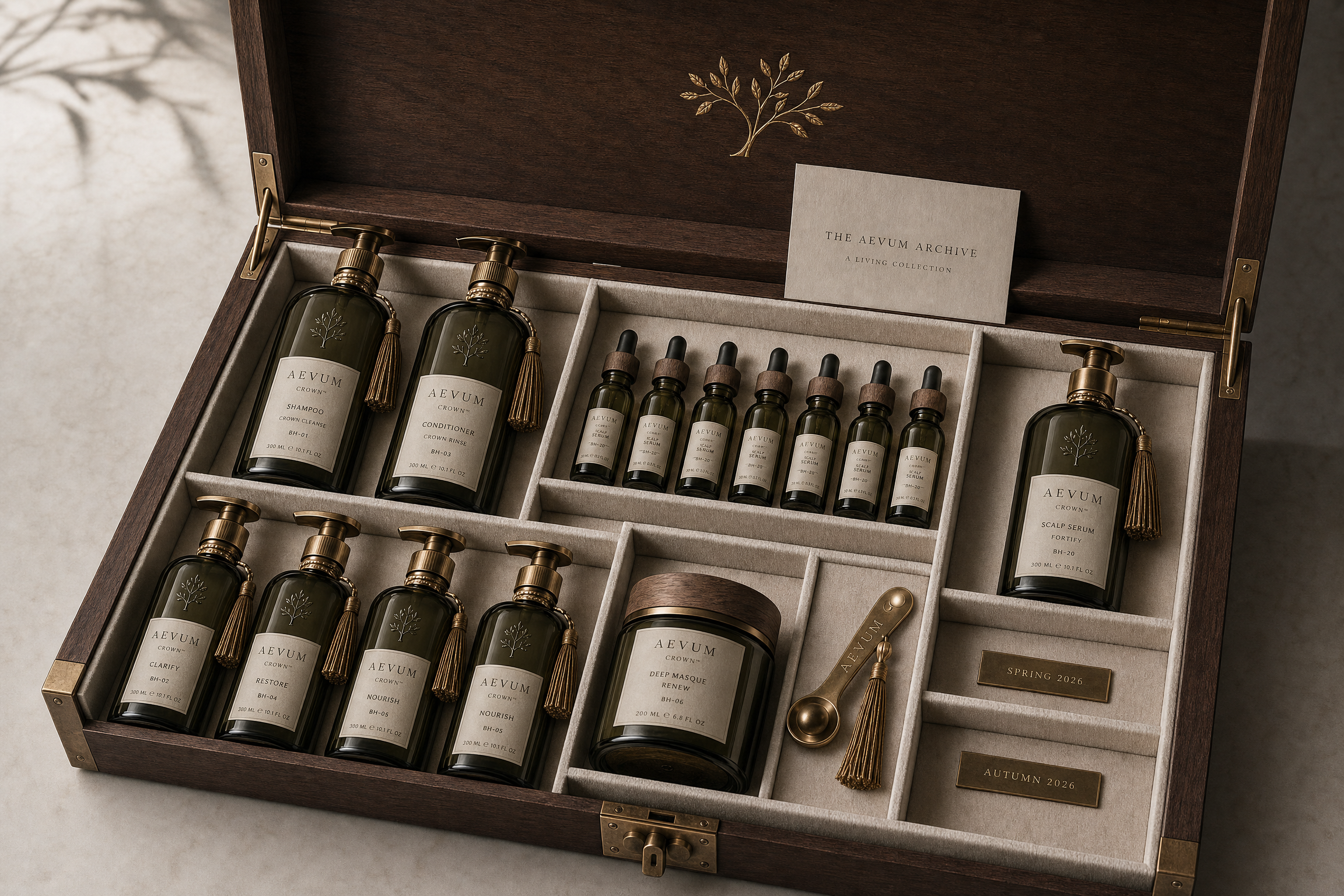 A wooden box containing skincare products from the brand Aevum, including shampoo, conditioner, and serum, with a note that reads 'The Aevum Archive - A Living Collection,' and a small metallic plaque indicating 'Spring 2026' and 'Autumn 2026'.