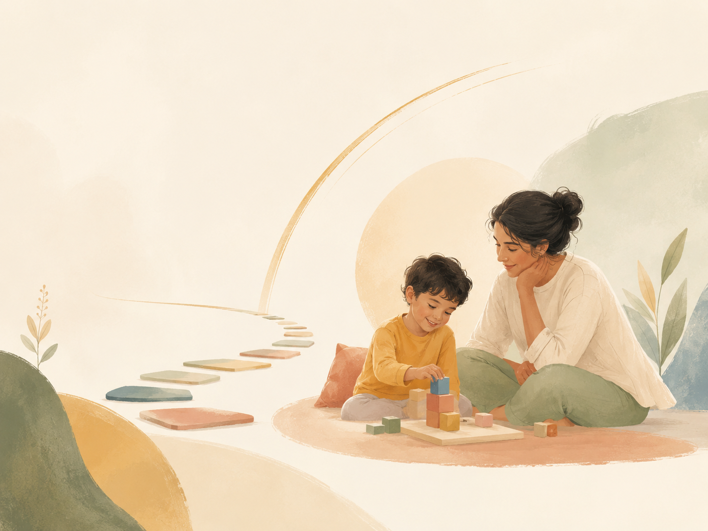 A woman and a young boy playing with blocks on the floor, surrounded by a pastel, abstract background with plants and a winding path.