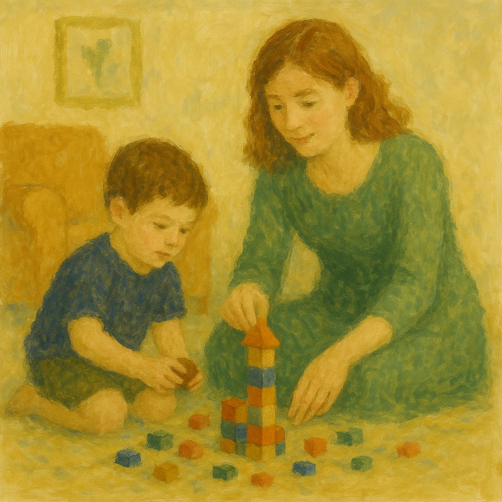 A mother and young boy sitting on the floor playing with colorful building blocks, with a yellow wall and framed picture in the background.