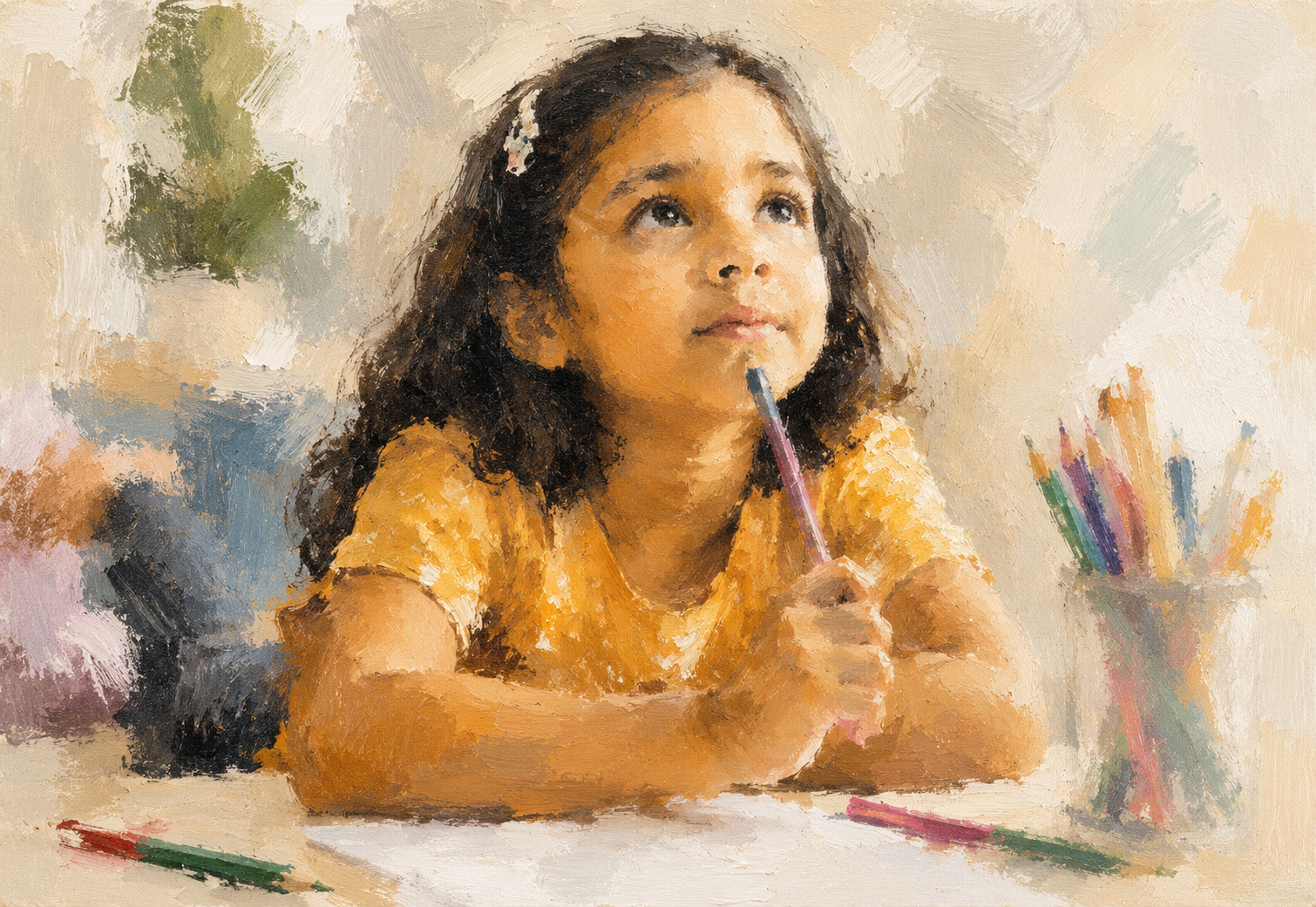 A young girl with dark hair, wearing a yellow shirt, sitting at a table holding a colored pencil near her lips, with a container holding colored pencils and some scattered on the table, in a painterly style.