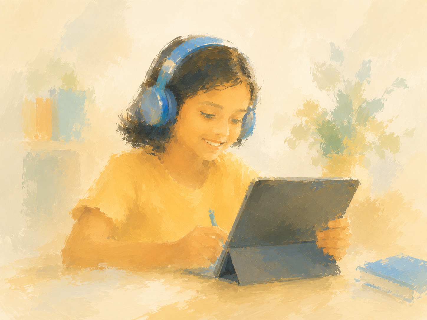 A young girl wearing headphones and a yellow shirt, smiling and watching a tablet.