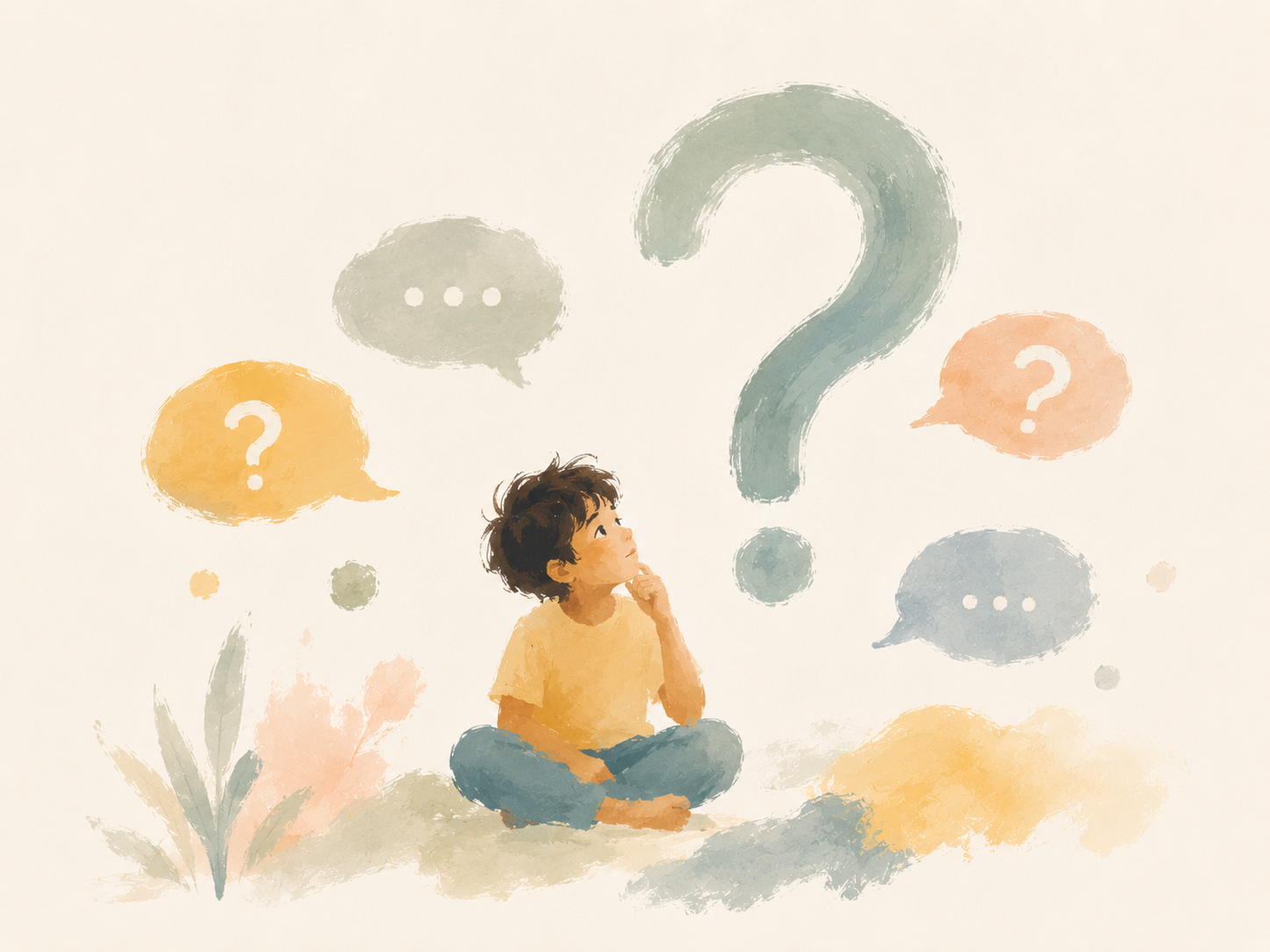 A young child sitting cross-legged on the ground, with hand on chin, looking up at a large question mark and speech bubbles with question marks and dots around them, in a watercolor style.