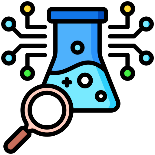 A cartoon-style laboratory flask filled with blue liquid, surrounded by colorful dots, with a pink magnifying glass in front.
