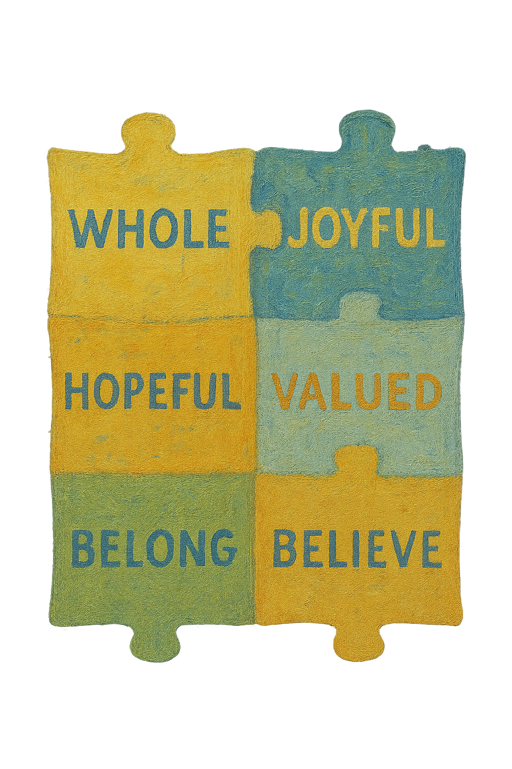Four puzzle pieces with inspirational words: 'WHOLE', 'JOYFUL', 'HOPEFUL', 'VALUED', 'BELONG', and 'BELIEVE' in a colorful arrangement.