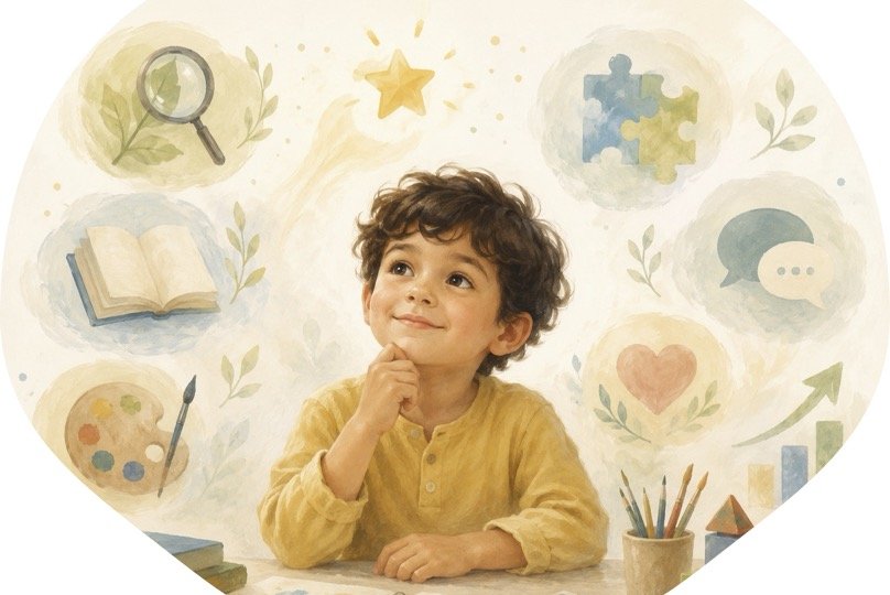 A young boy with curly hair in a yellow shirt is sitting at a table, smiling and resting his chin on his hand. Behind him is an illustrated background with icons such as a magnifying glass, star, puzzle pieces, speech bubbles, a heart, an upward arrow, and artistic tools like a paint palette and brushes.