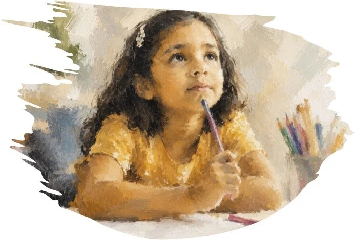A young girl with dark curly hair, wearing a yellow shirt, sitting at a desk and holding a purple pencil, looking thoughtfully upward. There is a container of colorful pencils on her right side.
