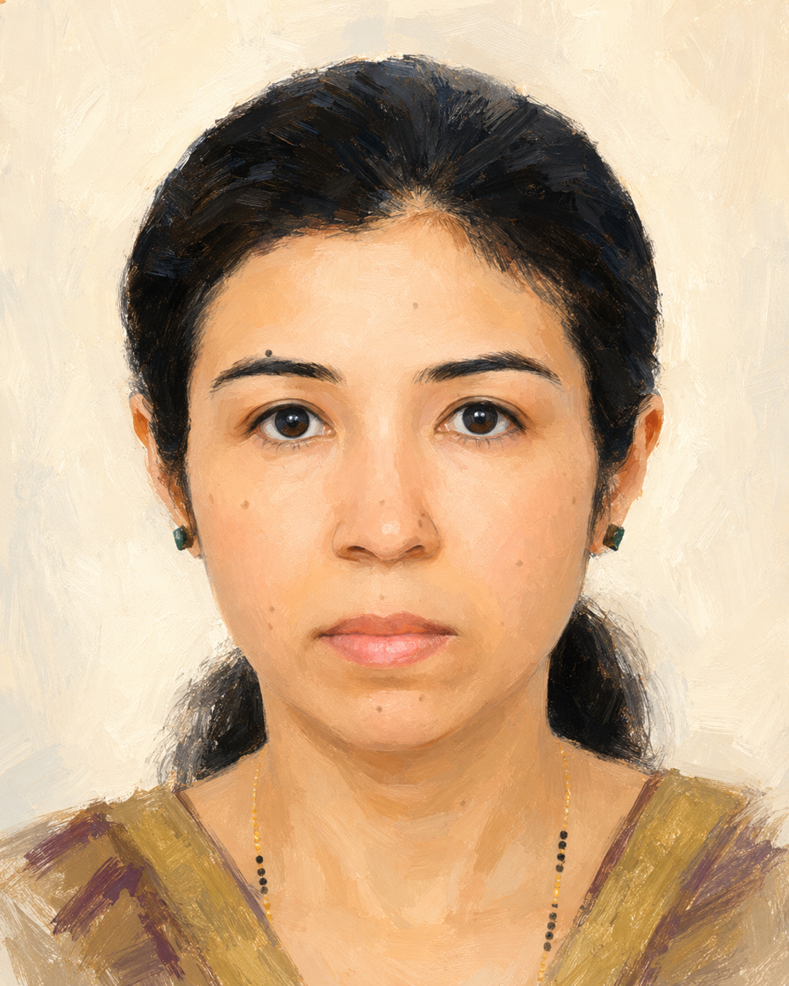 Painting of a woman with dark hair pulled back, wearing earrings, a necklace, and a saree, against a light background.