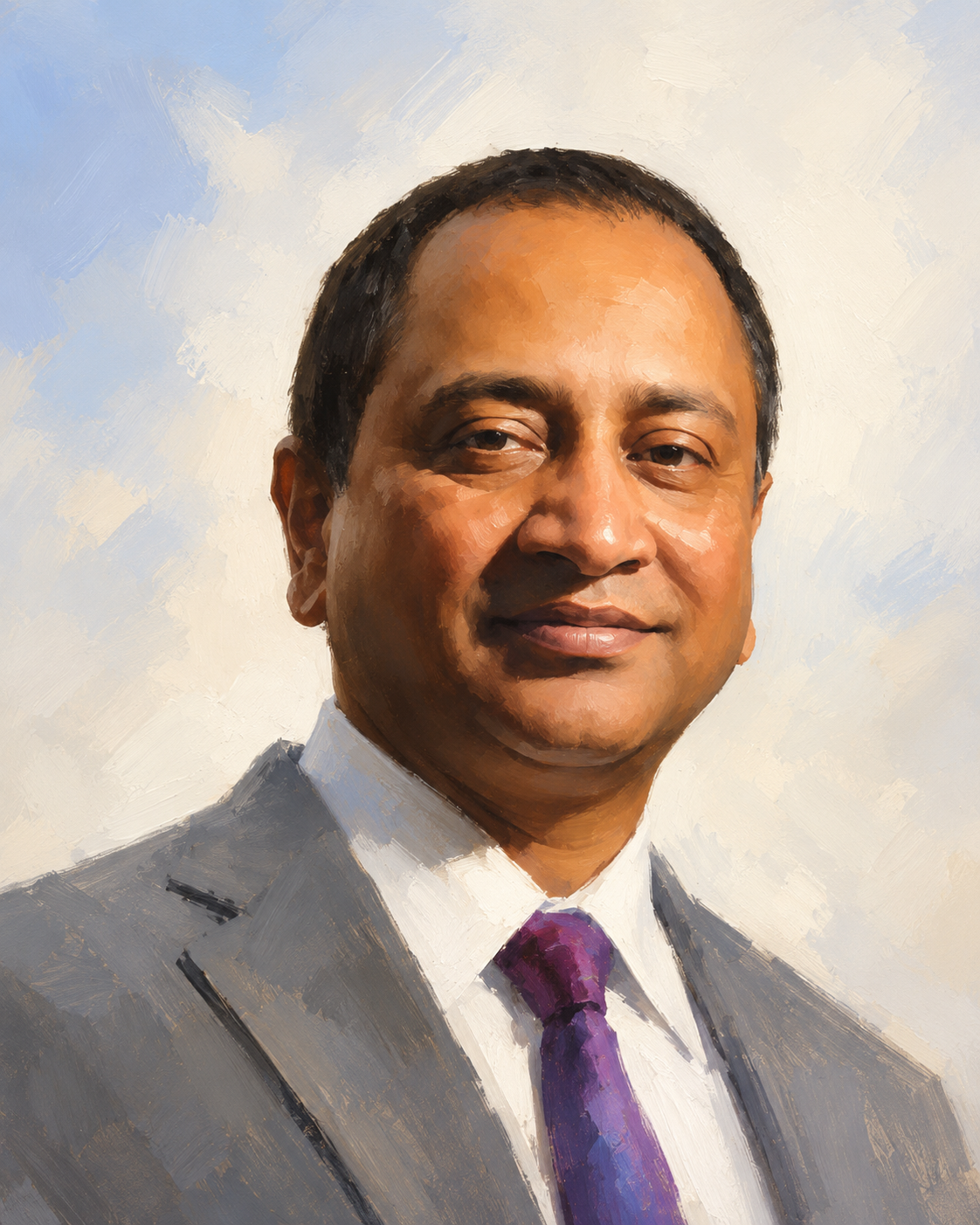 A professional portrait of a man wearing a gray suit, white shirt, and purple tie, with a light sky background.
