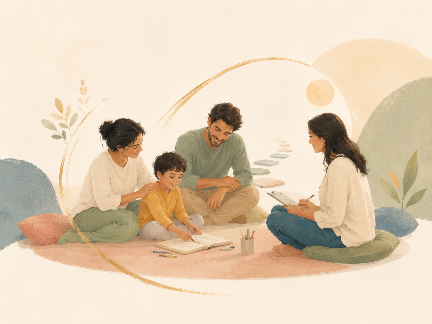 A family of four sitting on the floor together, engaging in drawing and discussing with a woman holding a clipboard, surrounded by pastel-colored abstract shapes and plants, with soft lighting.