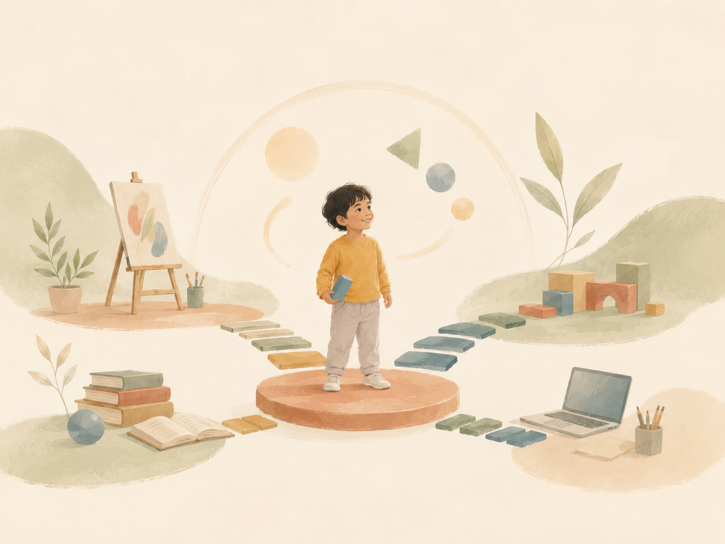 A young boy standing on a round platform in the center, holding a blue block, surrounded by educational and creative items like books, a laptop, art supplies, and building blocks, with abstract shapes and plants in the background.