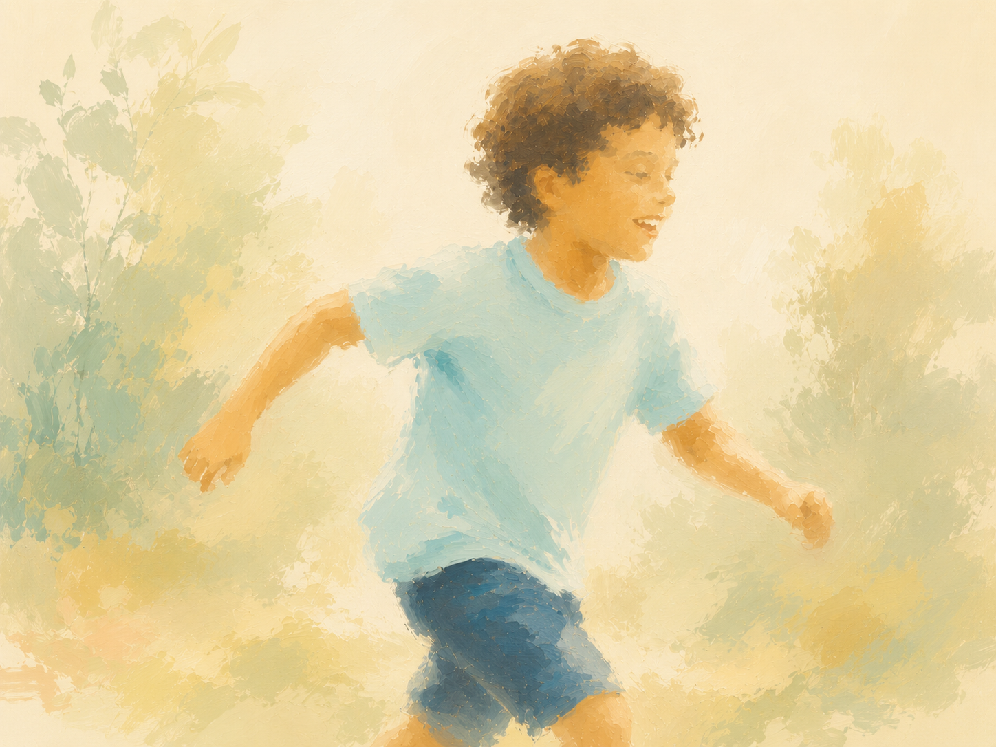 An animated painting of a young boy running outdoors with trees in the background.