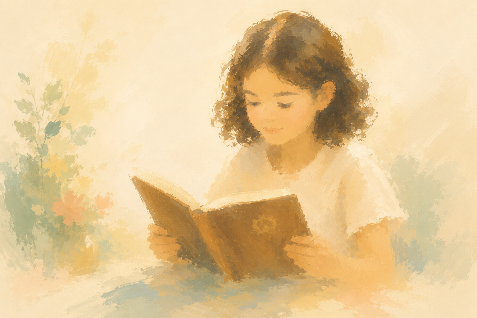 A woman with curly hair reading a book.