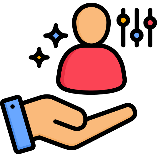 An illustration of a hand holding a person icon with floating colorful shapes around.