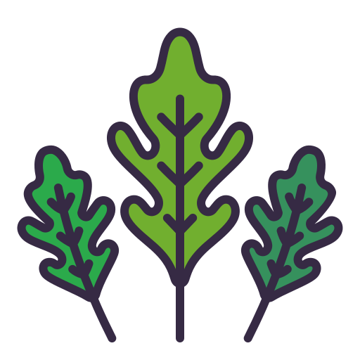 Illustration of three green leaves with dark outlines.