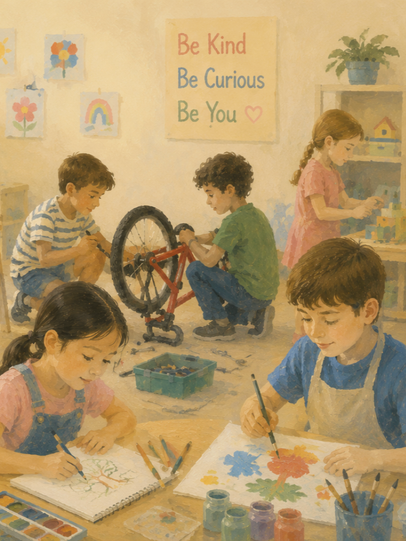 Children engaged in various activities in an art and playroom. Two girls are drawing with colored pencils, with paints and brushes on the table. Two boys are working on a bicycle, and another girl is playing with toys on a shelf. A wall sign reads 'Be Kind, Be Curious, Be You'.