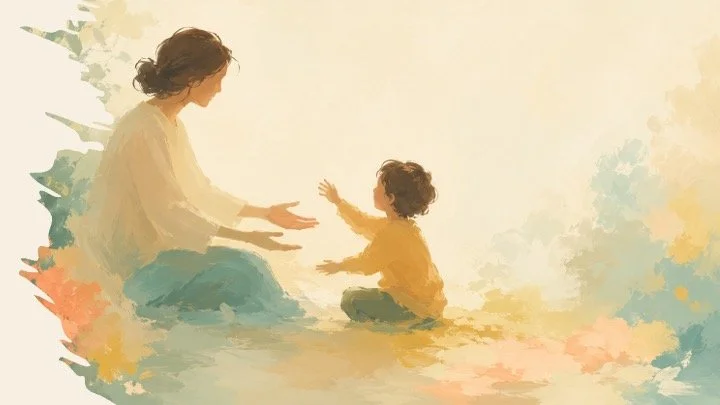 A woman and a young child playing together on the floor, with the woman reaching out to the child