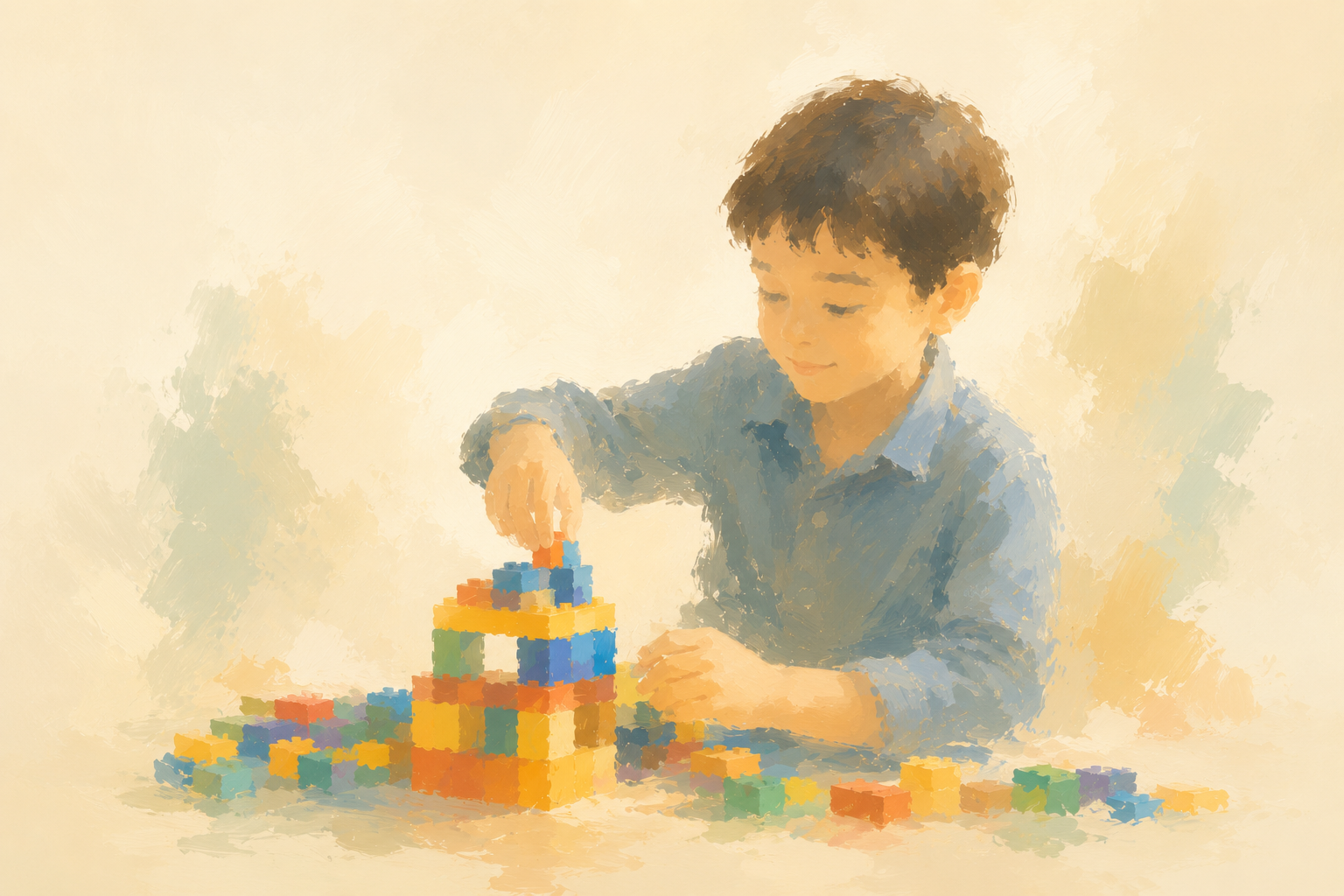 A young boy playing with colorful building blocks on a table.