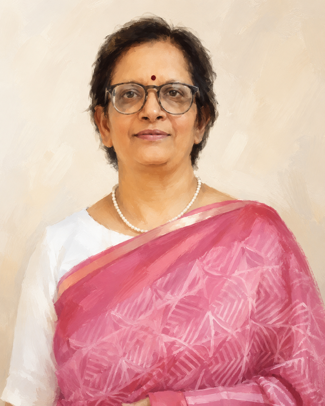 A woman wearing glasses, a pearl necklace, and a pink sari with a white blouse, standing against a beige background.