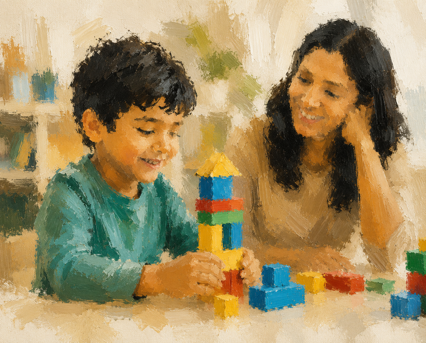 A woman and a boy playing with colorful building blocks at a table.