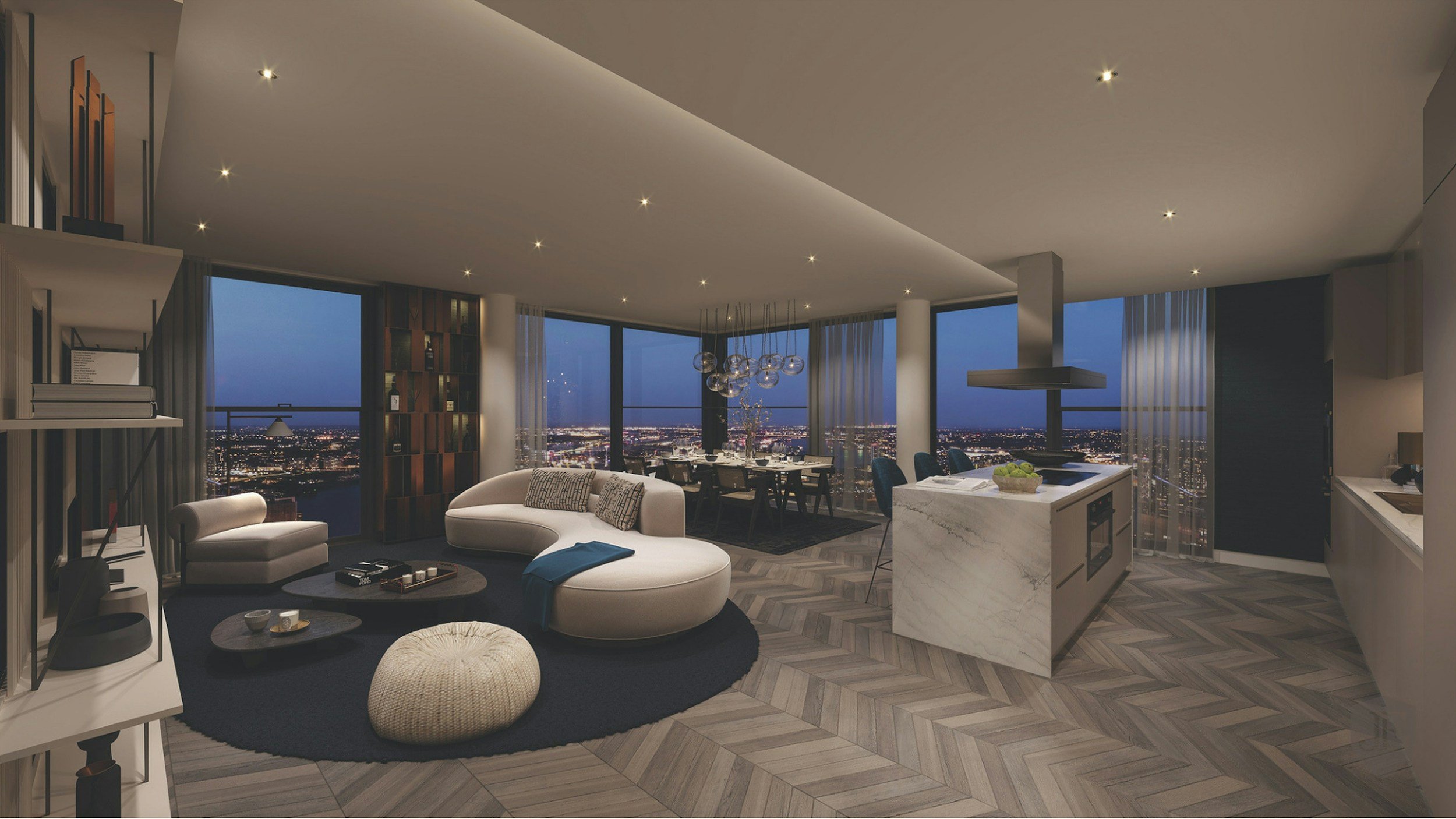 Modern high-rise apartment living room with large windows showing cityscape at night, contemporary furniture including a curved sofa, ottoman, dining table with chairs, and decorative lighting.