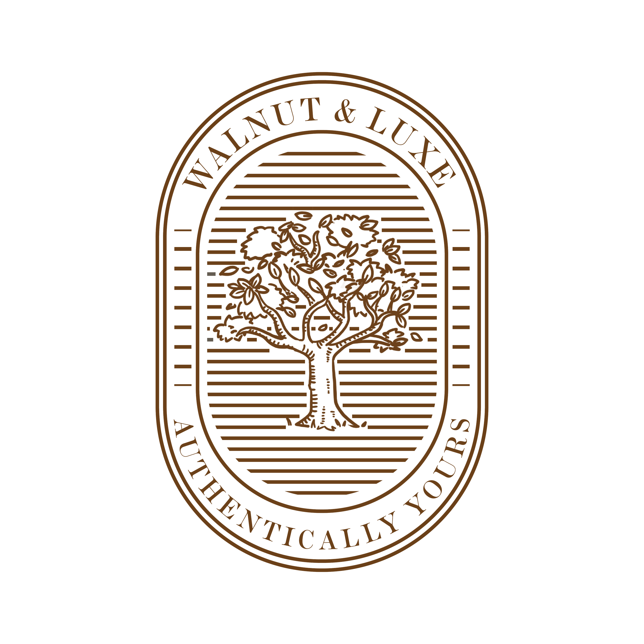 Close-up of a logo with the words 'WALNUT & LUXE' and a stylized walnut graphic, in brown on black background.