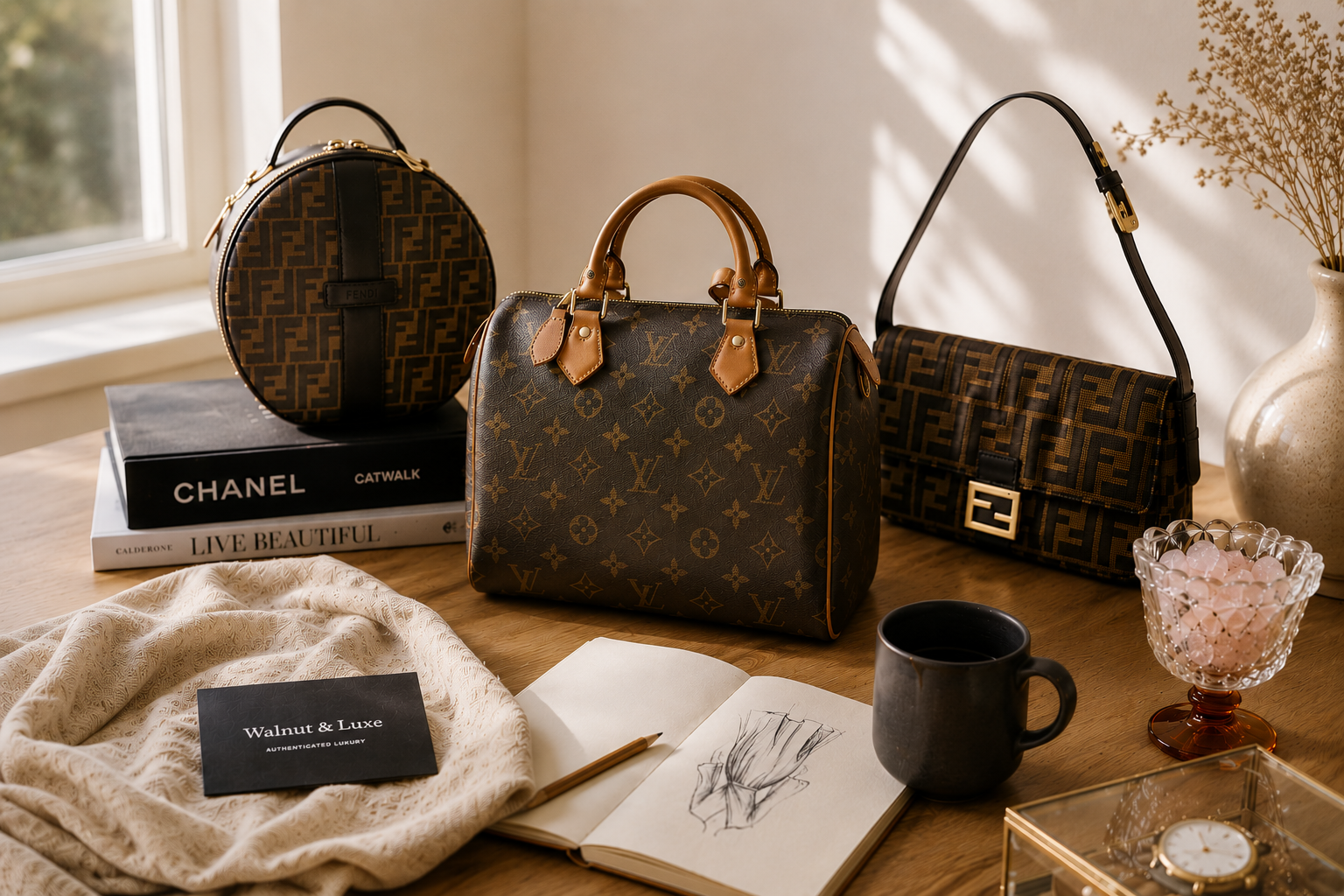 Luxury handbags on a wooden table with books, a mug, a sketchbook, a glass bowl with pink stones, a clock, a vase with dried flowers, and a cloth with a wallet and a business card.