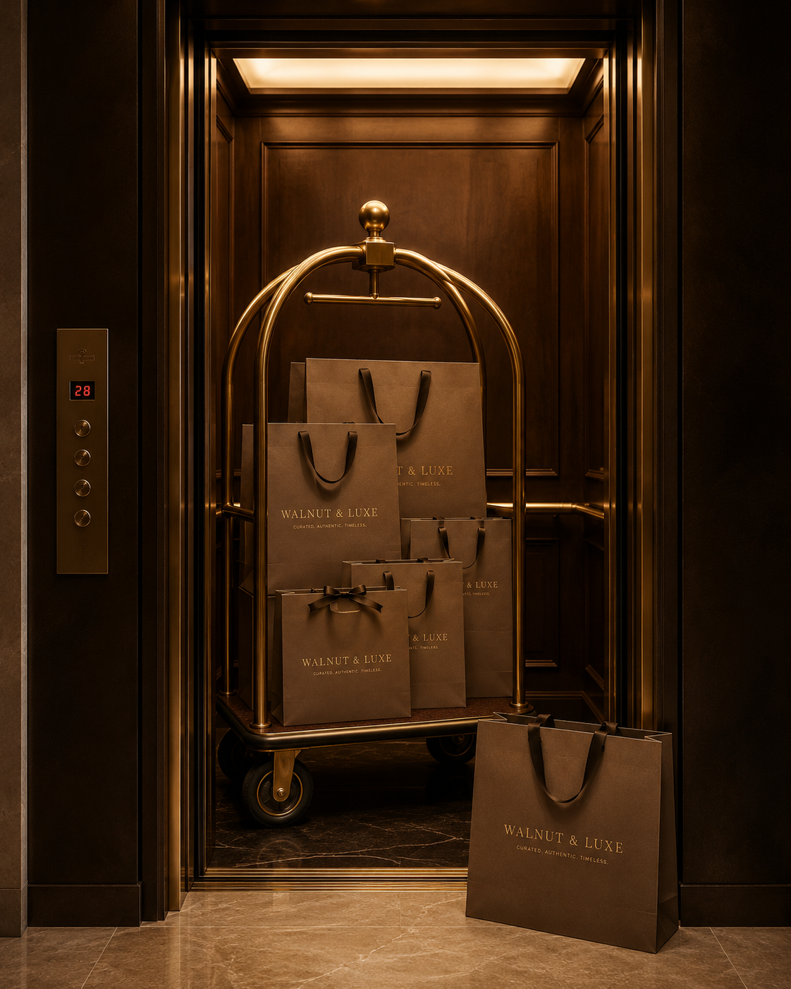 Elevator with a luggage cart holding shopping bags labeled Walnut & Luxe inside a luxurious building.