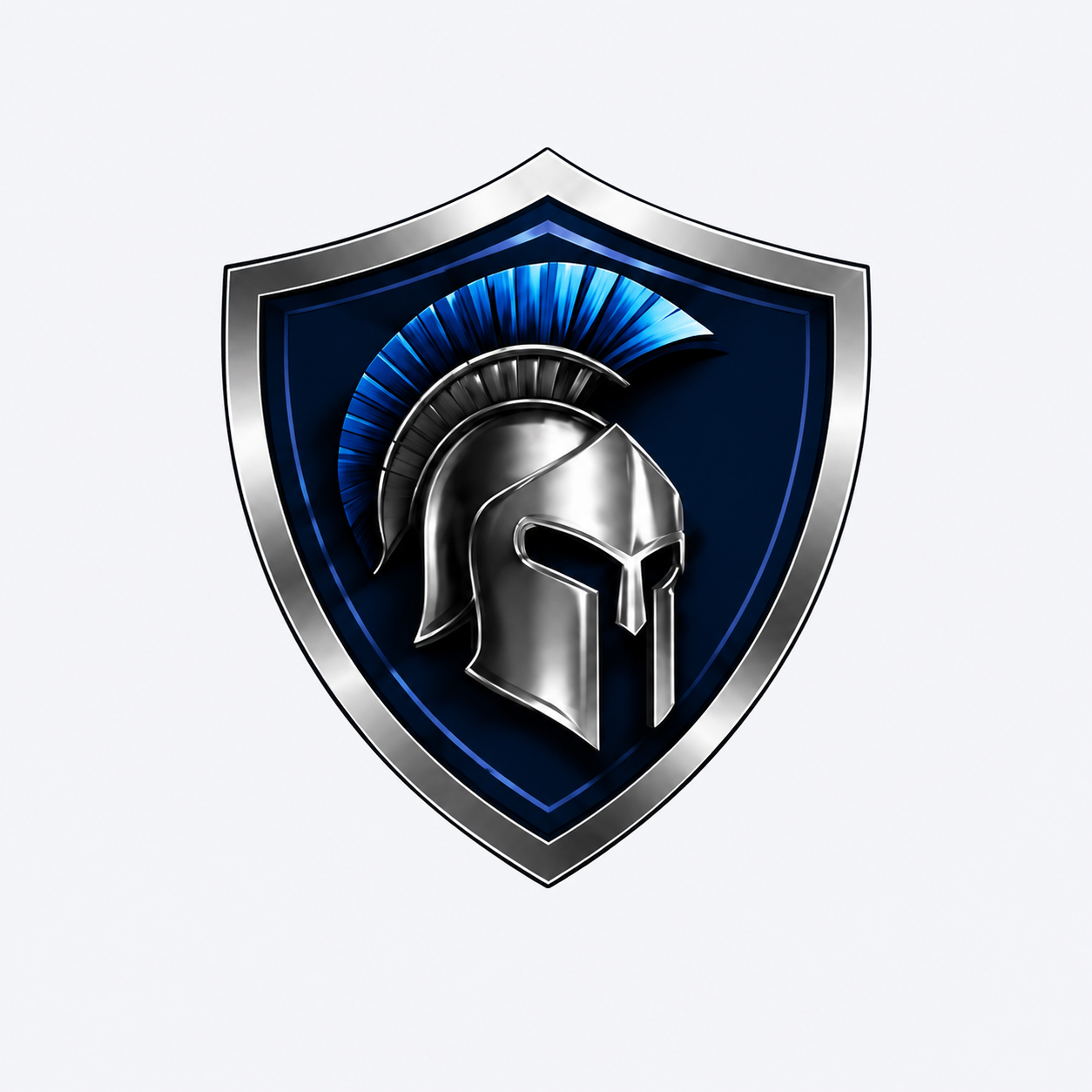 A metallic shield with a Spartan helmet and a blue crest logo.