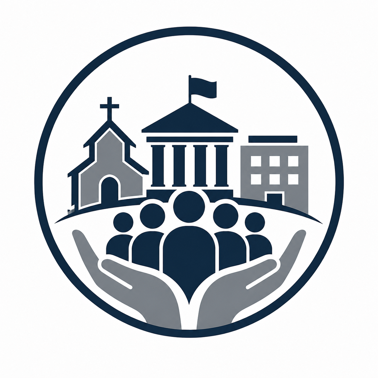 Illustration of a church, government building, and apartment, with a group of people in front being held by two hands, symbolizing community support and social services.