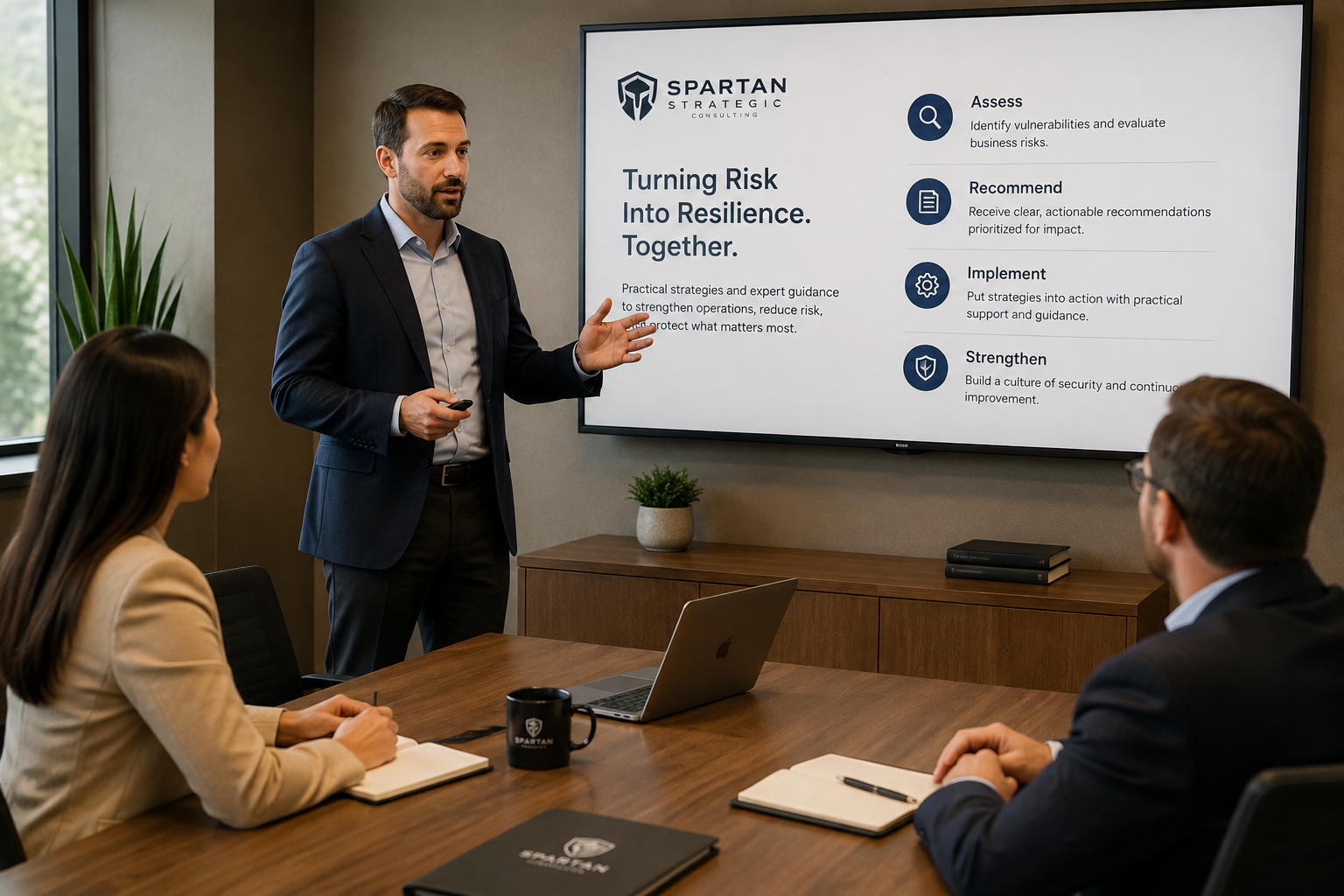 Man in a suit giving a presentation on a digital screen to a group of business professionals in a conference room.
