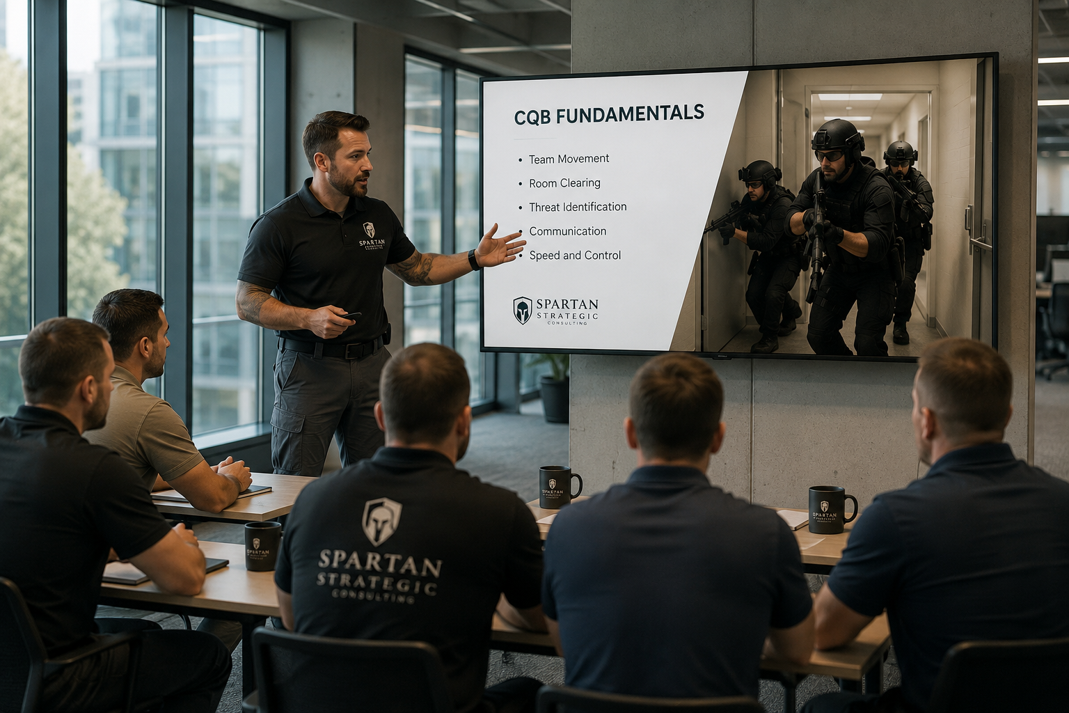 A trainer giving a presentation on CQB fundamentals to a group of people in a modern office conference room, with a screen displaying content and a split image of tactical officers in combat gear.