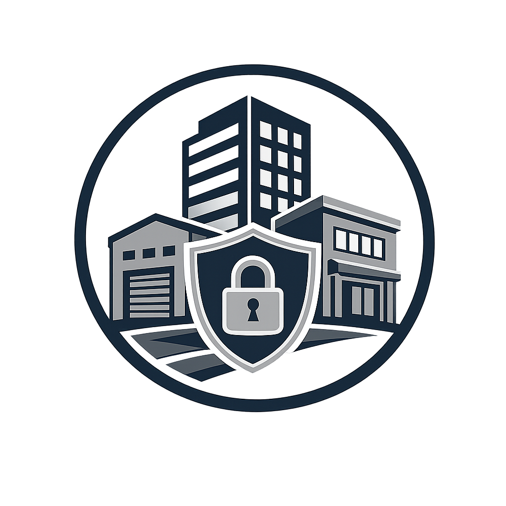 Illustration of buildings with a shield and lock symbol in the foreground, representing security or protection in an urban setting.