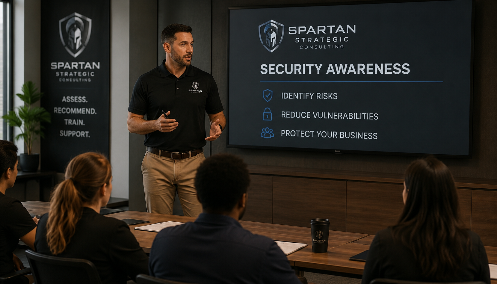 A man in a black polo shirt and khaki pants giving a security awareness presentation to a group of people in a conference room. The presentation slide behind him displays the logo of Spartan Strategic Consulting and bullet points about security, risk, vulnerabilities, and business protection.