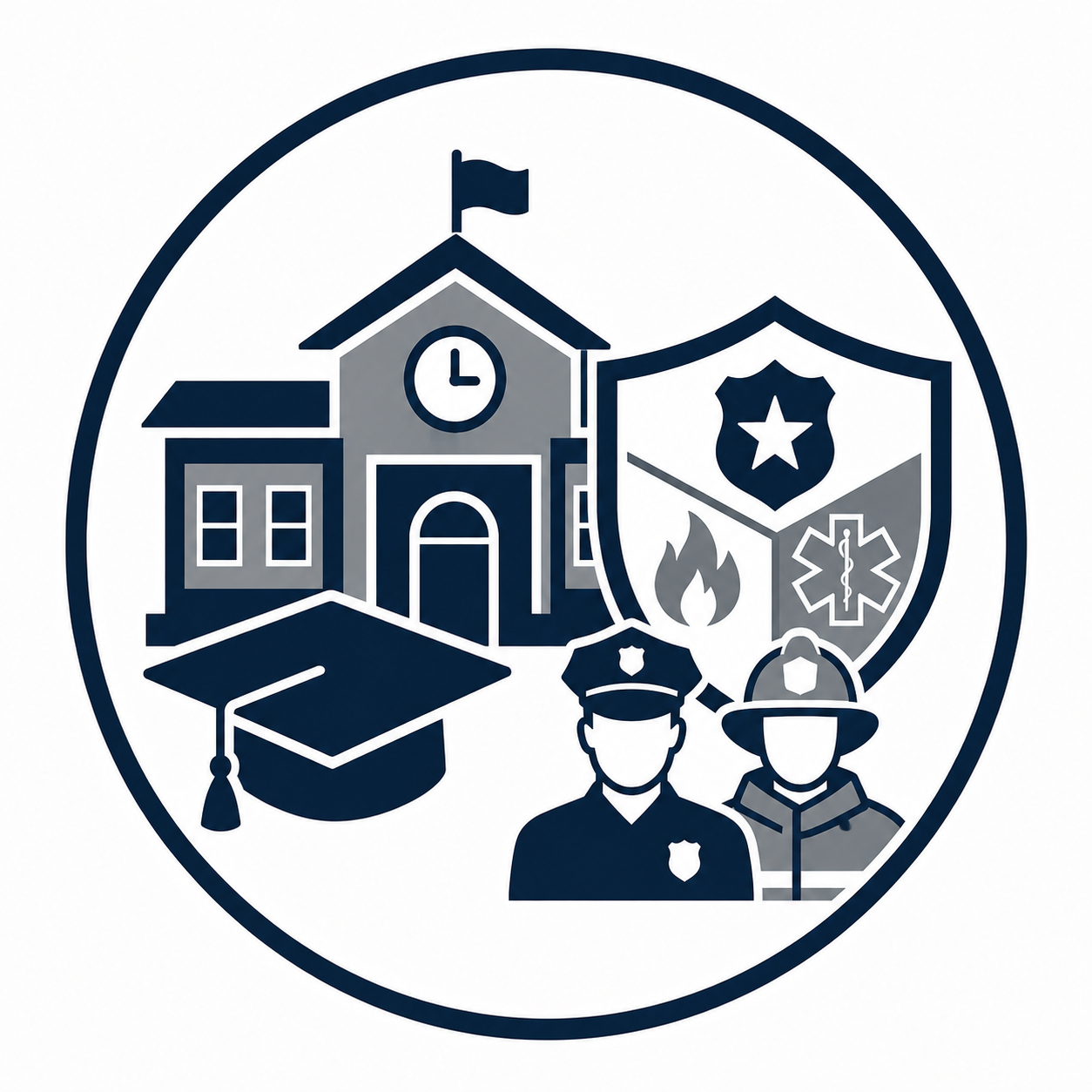 A logo featuring a school building, a graduation cap, and emergency response icons including police and fire badges, a flame, and medical symbols, with two uniformed responders in front.