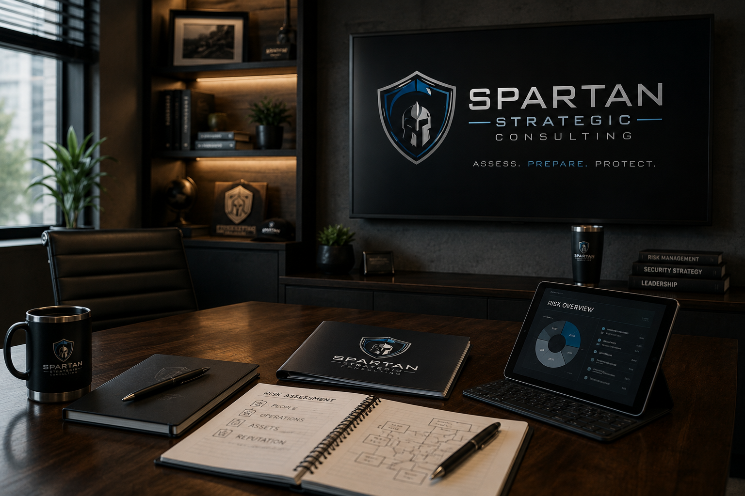 Conference room with Spartan Strategic Consulting branding, featuring documents, a tablet with risk overview, coffee mugs, and shelves with books and decorative items.