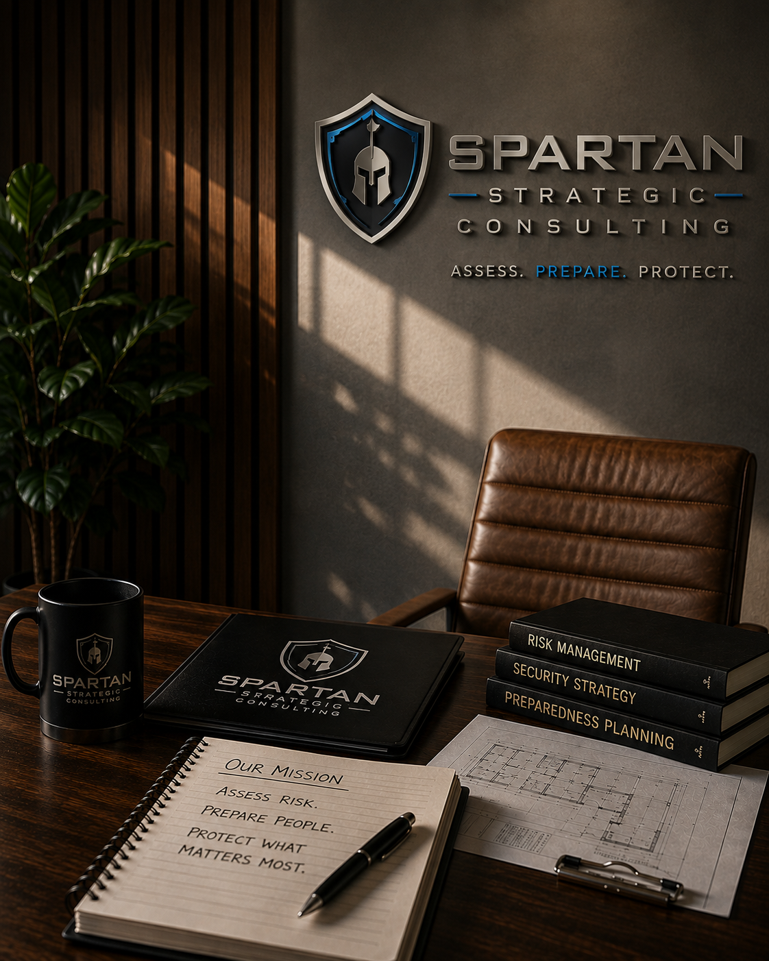 Office desk setup with Spartan Strategic Consulting branding, including a mug, black folder, notebook, and books on risk management, security strategy, and preparedness planning, against a wall with Spartan logo and motto.