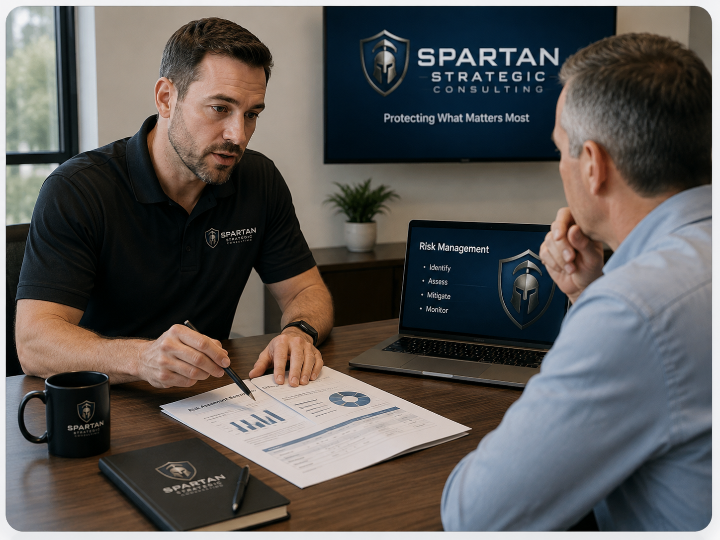 Two men having a business meeting in an office. One man is speaking and pointing to documents on the table; the other man listens with his hand on his chin. Both are wearing shirts with Spartan Strategic Consulting logos. There is a laptop, a notebook, a mug, and papers on the table. A large screen in the background displays the Spartan Strategic Consulting logo and tagline.