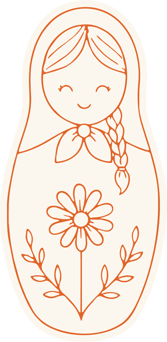 Line drawing of a smiling girl with long hair, holding a flower with both hands, surrounded by leaves and a floral pattern, in a simple, minimalist style.