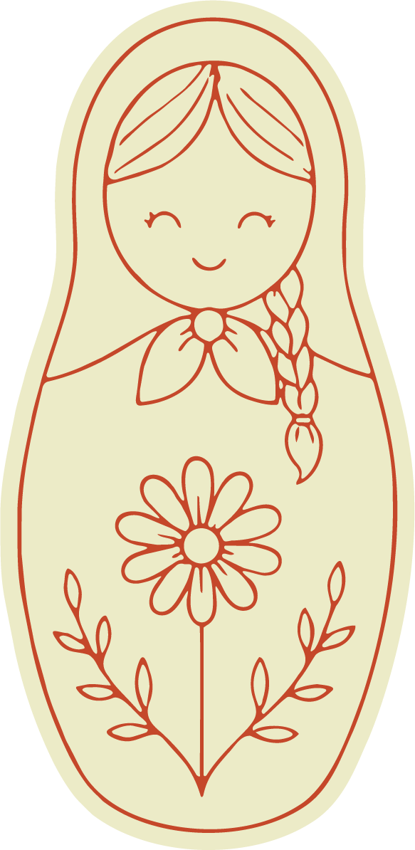 A simple illustration of a girl with closed eyes and a gentle smile, wearing a headscarf and a scarf around her neck. There is a large daisy and leafy branches on her body, all outlined in a minimalist style.