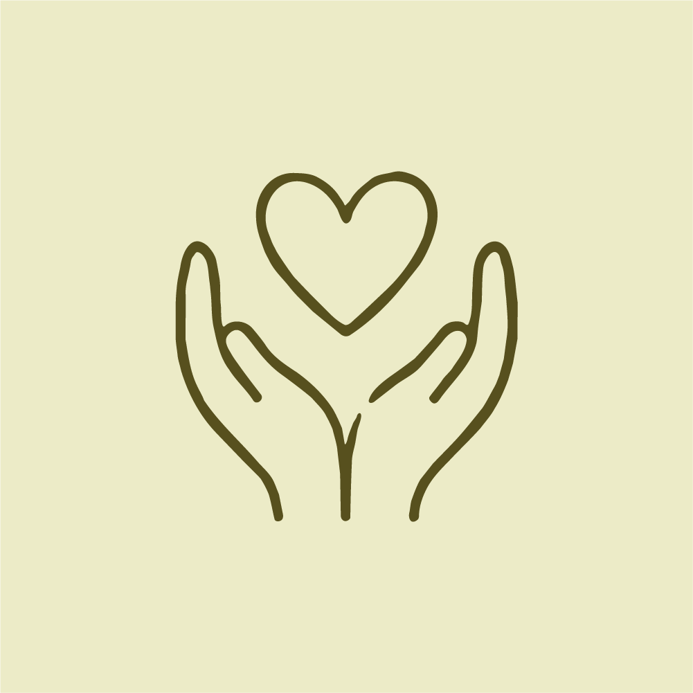 Line drawing of two hands holding a heart above them.