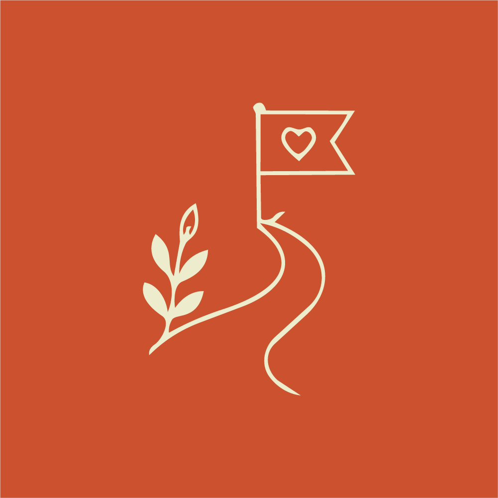 A simple line drawing of a flag with a heart on it, a winding path beneath, and a sprig of leaves on the side, set against an orange background.